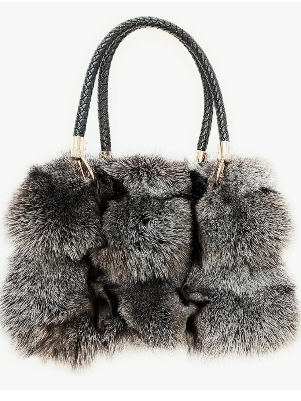 NWT Real Fox Fur Handbag. Super soft gray fur. Measures 15.75 x 15.75 cm